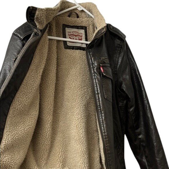 Levi's Men's Sherpa-Lined Faux-Leather Aviator Bomber Jacket - Size Small - Picture 6 of 13
